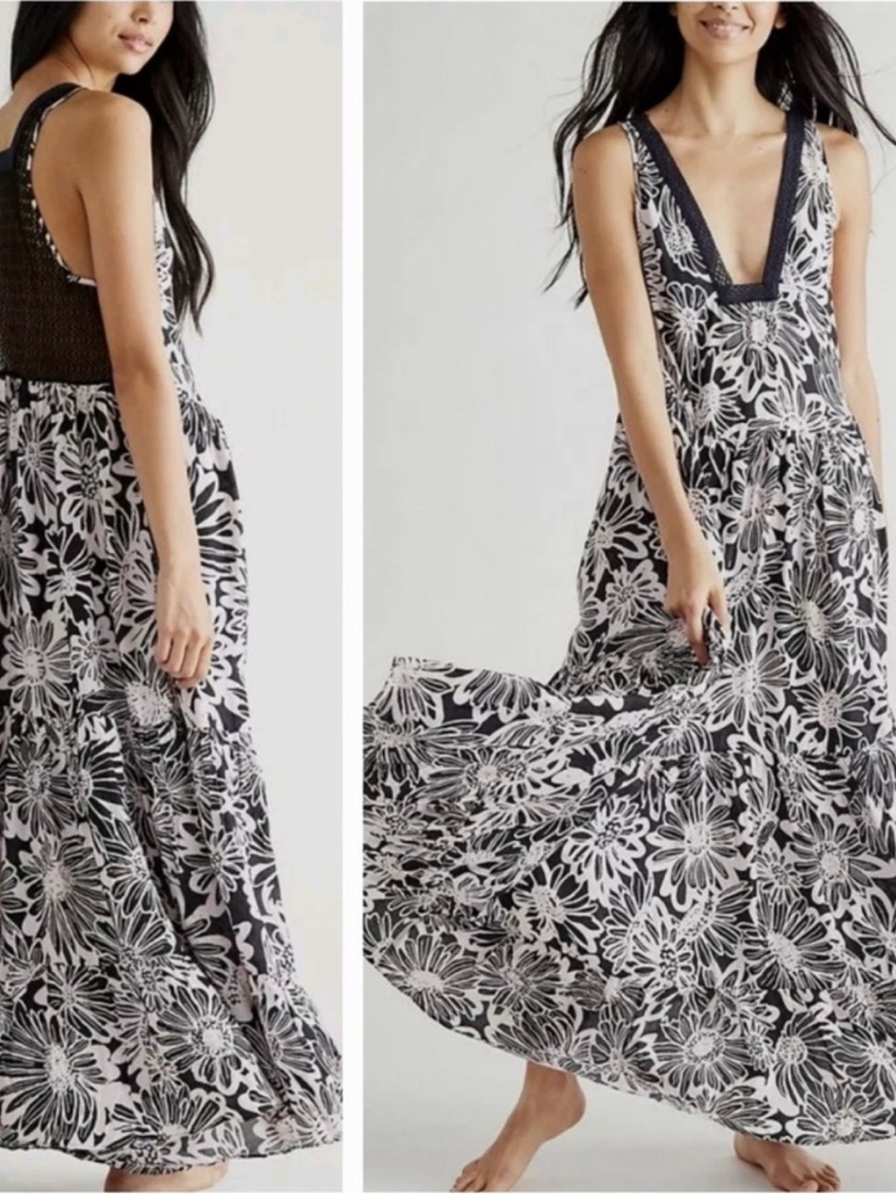 Free People Tiers For You Floral Crochet-Trim Maxi Dress Size Medium